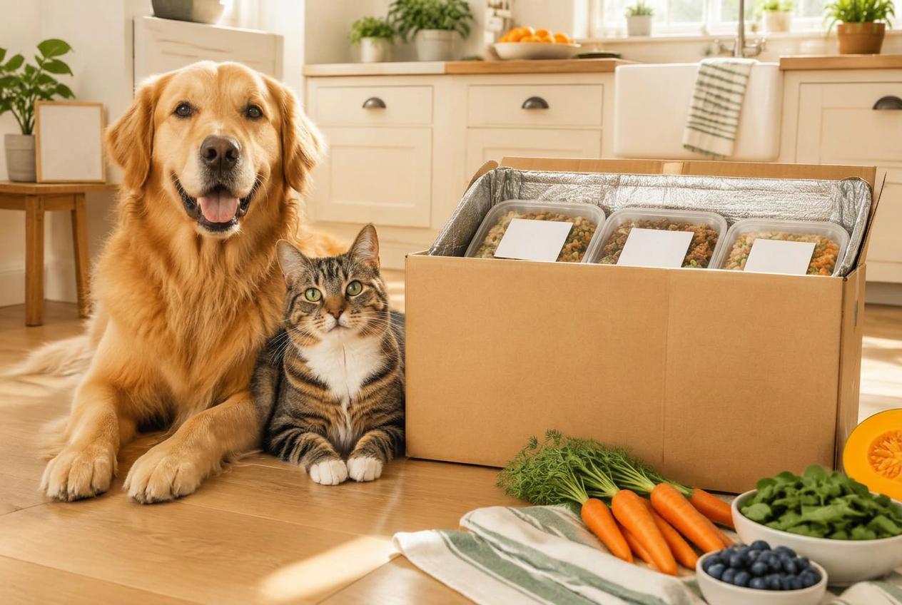 Happy dog and cat beside a chilled pet food delivery box
