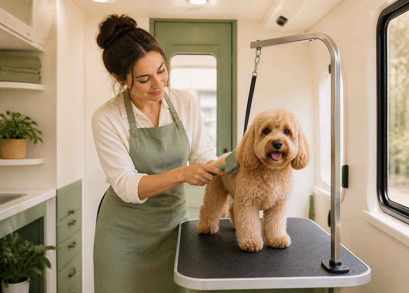 Groomer gently brushing a small apricot dog inside a mobile grooming van